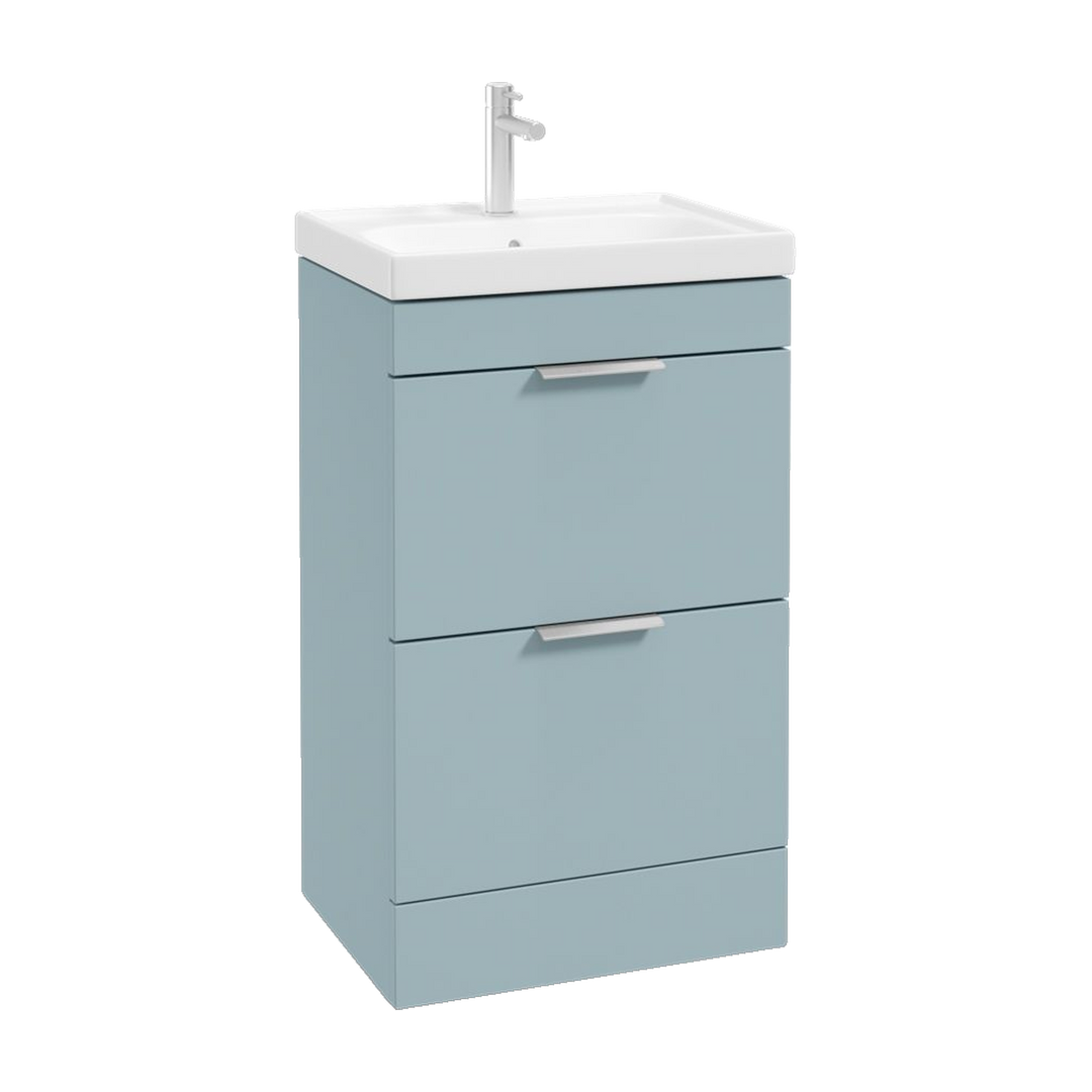 SONAS Stockholm 50cm floorstanding two drawer vanity unit in Matt Morning Sky Blue with brushed chrome handles