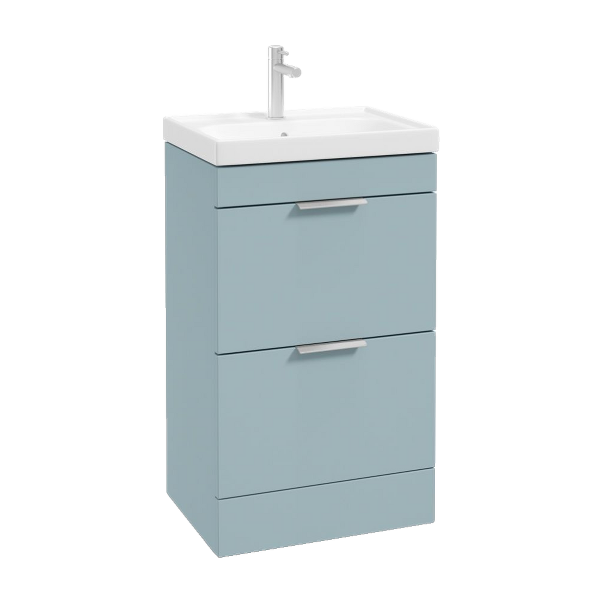 SONAS Stockholm 50cm floorstanding two drawer vanity unit in Matt Morning Sky Blue with brushed chrome handles