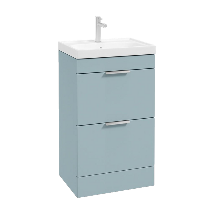 SONAS Stockholm 50cm floorstanding two drawer vanity unit in Matt Morning Sky Blue with brushed chrome handles