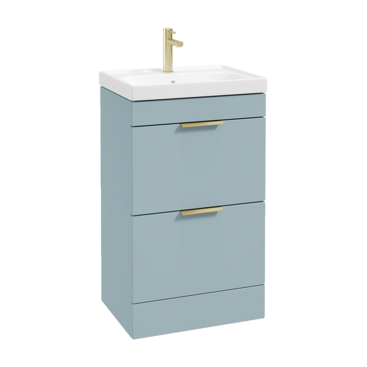 SONAS Stockholm 50cm floorstanding two drawer vanity unit in Matt Morning Sky Blue with brushed gold handles