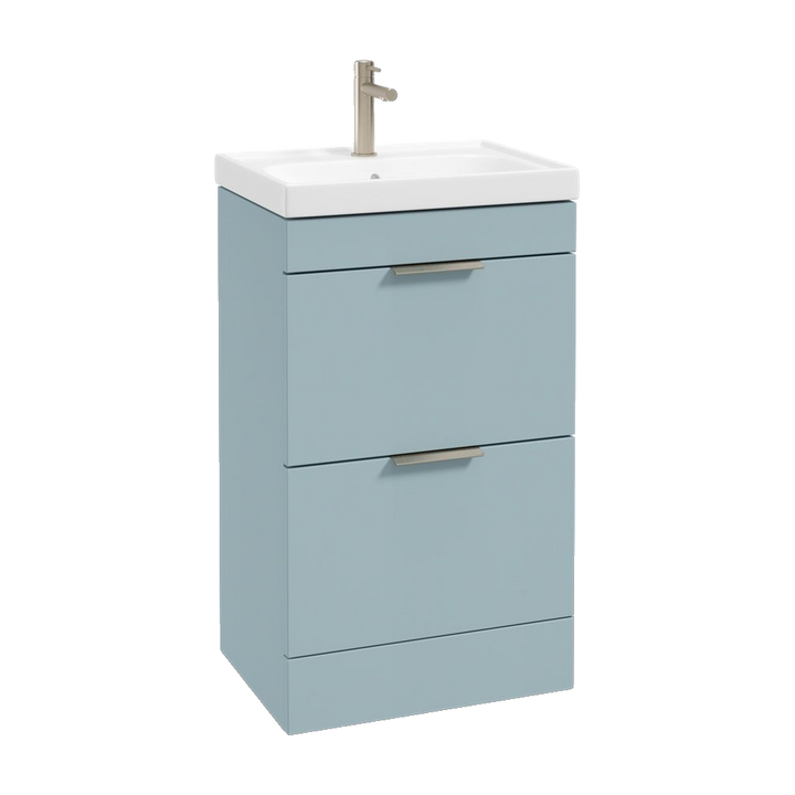 SONAS Stockholm 50cm floorstanding two drawer vanity unit in Matt Morning Sky Blue with brushed nickel handles
