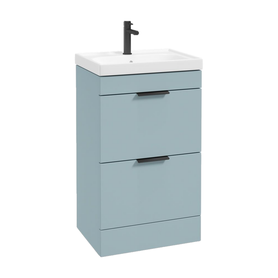 SONAS Stockholm 50cm floorstanding two drawer vanity unit in Matt Morning Sky Blue with matt black handles