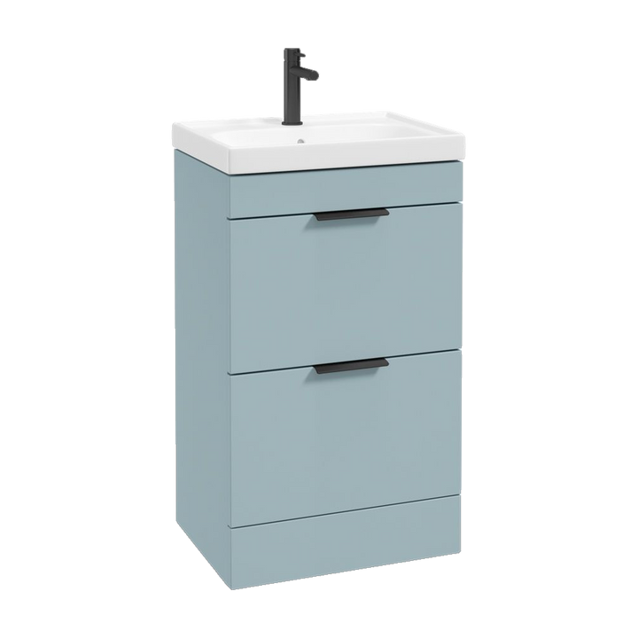 SONAS Stockholm 50cm floorstanding two drawer vanity unit in Matt Morning Sky Blue with matt black handles