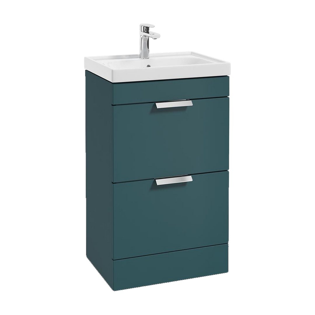 SONAS Stockholm 50cm floorstanding two drawer vanity unit in Matt Ocean Blue with brushed chrome handles