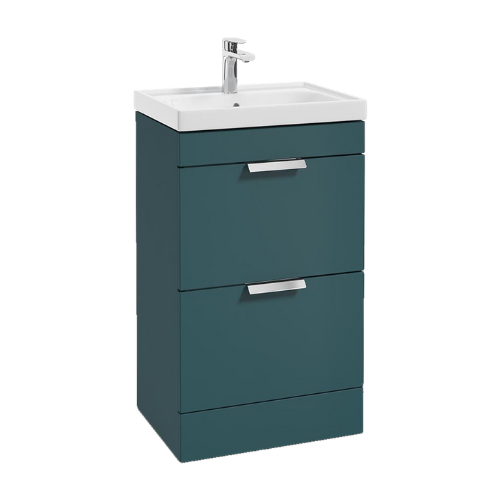 SONAS Stockholm 50cm floorstanding two drawer vanity unit in Matt Ocean Blue with brushed chrome handles