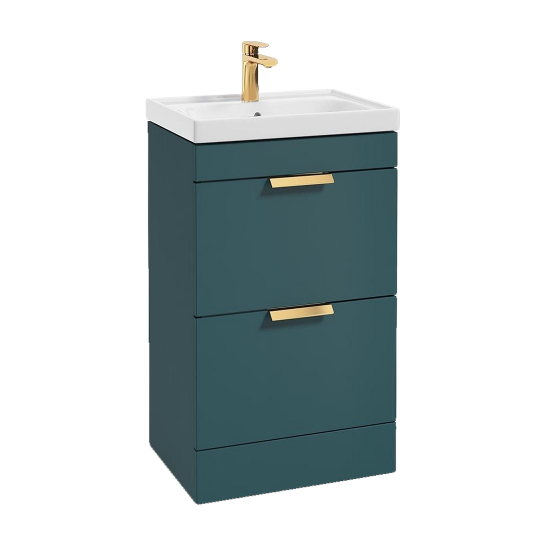 SONAS Stockholm 50cm floorstanding two drawer vanity unit in Matt Ocean Blue with brushed gold handles