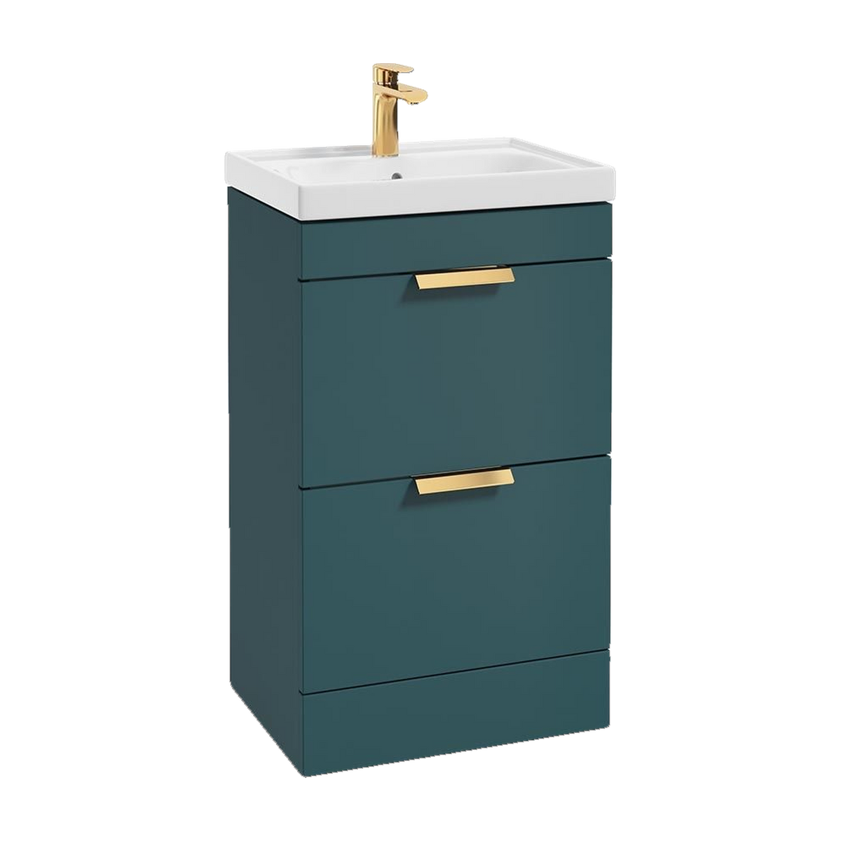SONAS Stockholm 50cm floorstanding two drawer vanity unit in Matt Ocean Blue with brushed gold handles