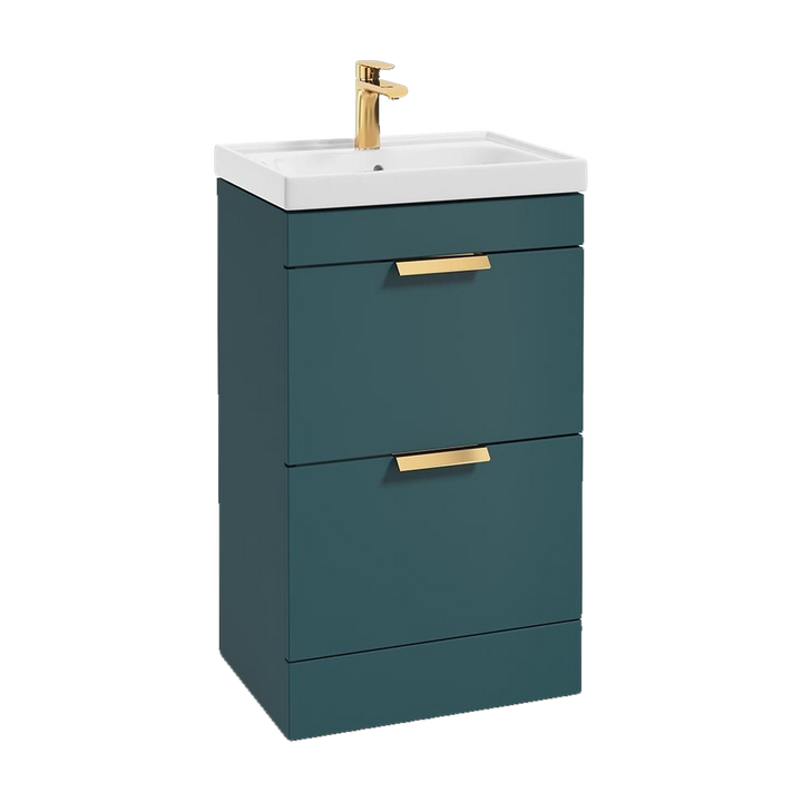SONAS Stockholm 50cm floorstanding two drawer vanity unit in Matt Ocean Blue with brushed gold handles