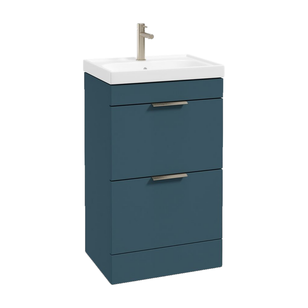 SONAS Stockholm 50cm floorstanding two drawer vanity unit in Matt Ocean Blue with brushed nickel handles