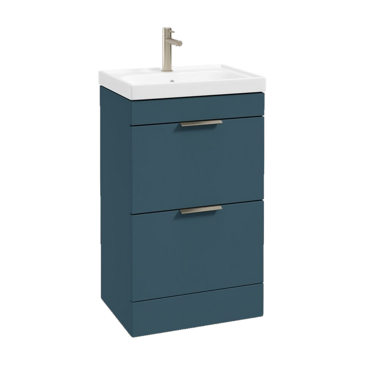 SONAS Stockholm 50cm floorstanding two drawer vanity unit in Matt Ocean Blue with brushed nickel handles