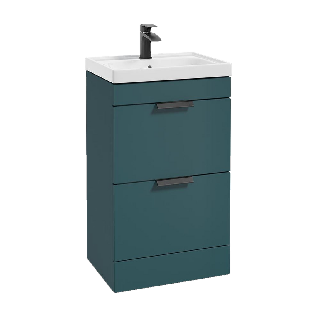 SONAS Stockholm 50cm floorstanding two drawer vanity unit in Matt Ocean Blue with matt black handles