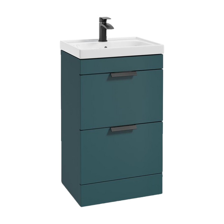 SONAS Stockholm 50cm floorstanding two drawer vanity unit in Matt Ocean Blue with matt black handles