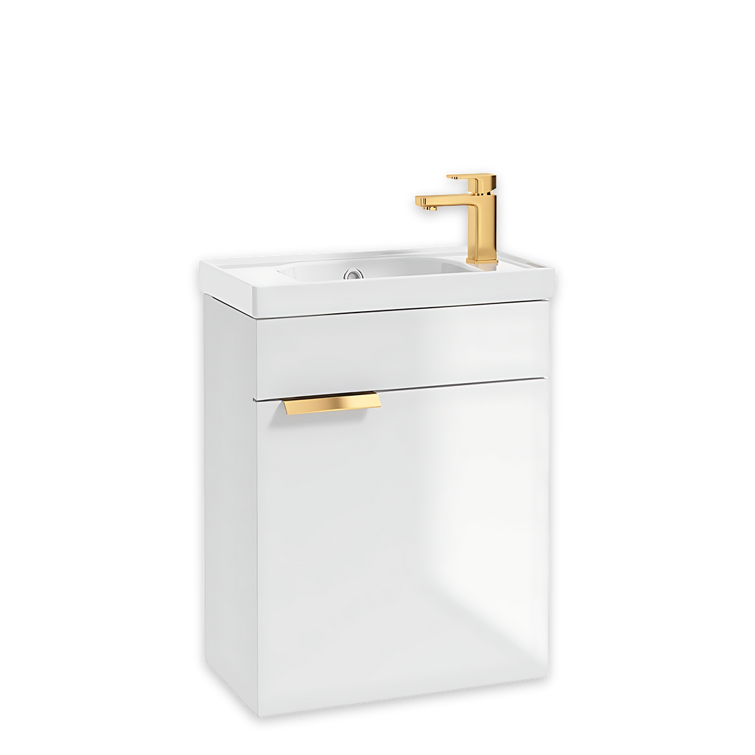 SONAS Stockholm 50cm wall hung cloakroom vanity unit in Gloss White with brushed gold handles