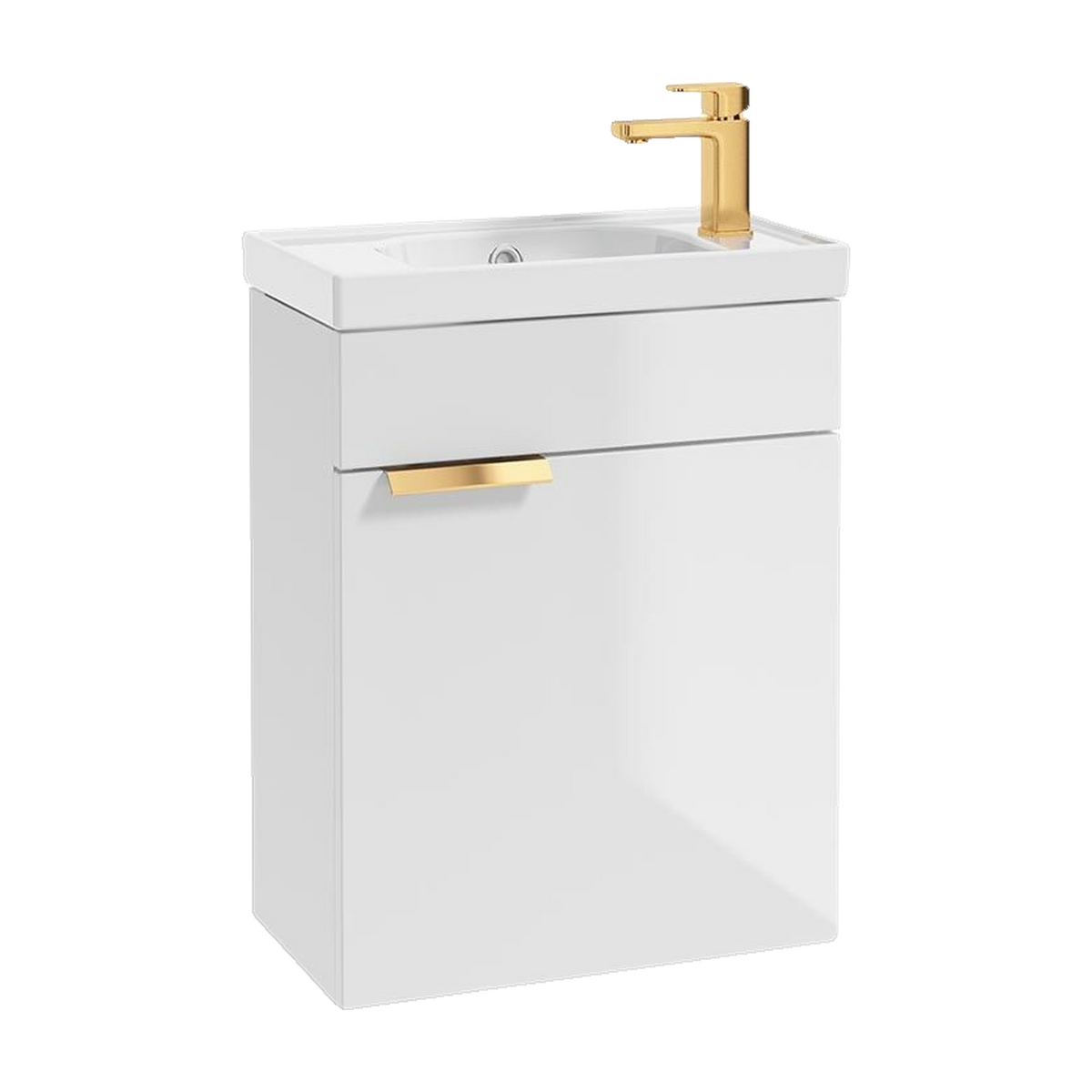 SONAS Stockholm 50cm wall hung cloakroom vanity unit in Gloss White with brushed gold handles