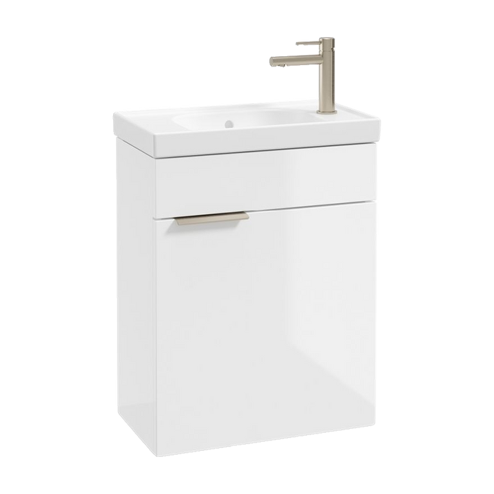 SONAS Stockholm 50cm wall hung cloakroom vanity unit in Gloss White with brushed nickel handles