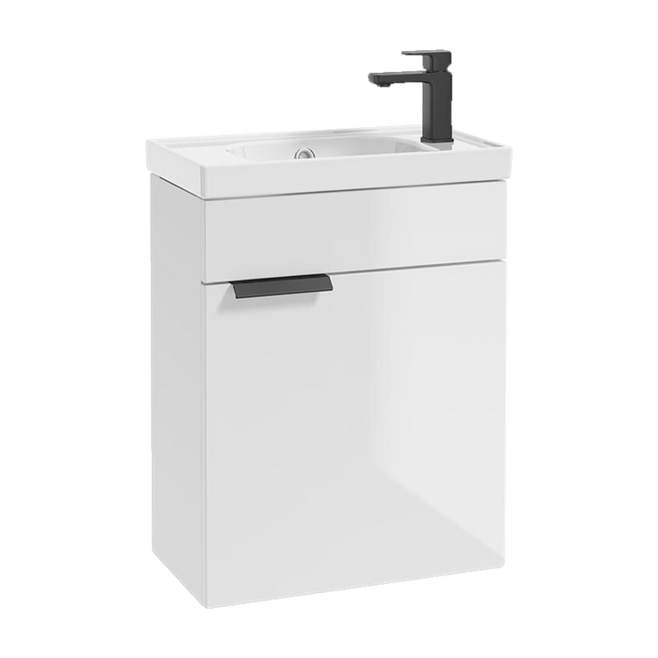 SONAS Stockholm 50cm wall hung cloakroom vanity unit in Gloss White with matt black handles