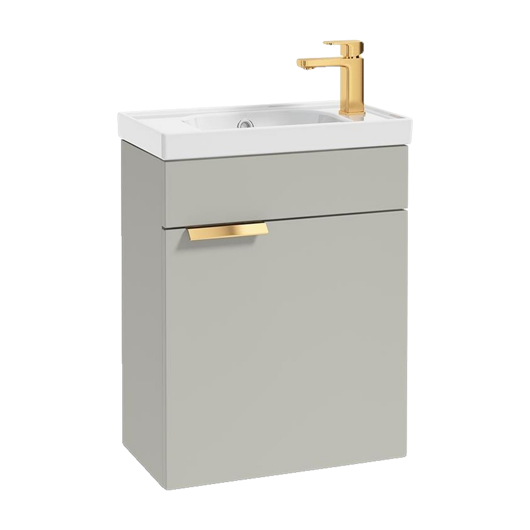SONAS Stockholm 50cm wall hung cloakroom vanity unit in Matt Arctic Grey with brushed gold handles