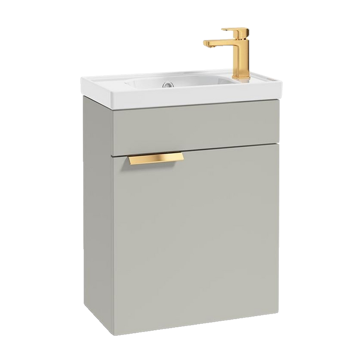 SONAS Stockholm 50cm wall hung cloakroom vanity unit in Matt Arctic Grey with brushed gold handles