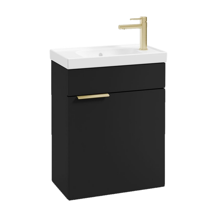 SONAS Stockholm 50cm wall hung cloakroom vanity unit in Matt Black with brushed gold handles