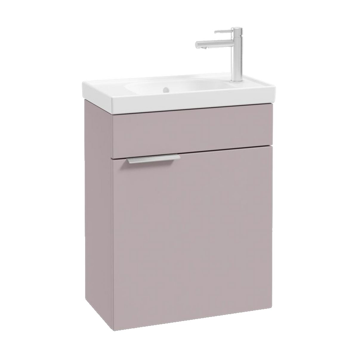 SONAS Stockholm 50cm wall hung cloakroom vanity unit in Matt Cashmere Pink with brushed chrome handles