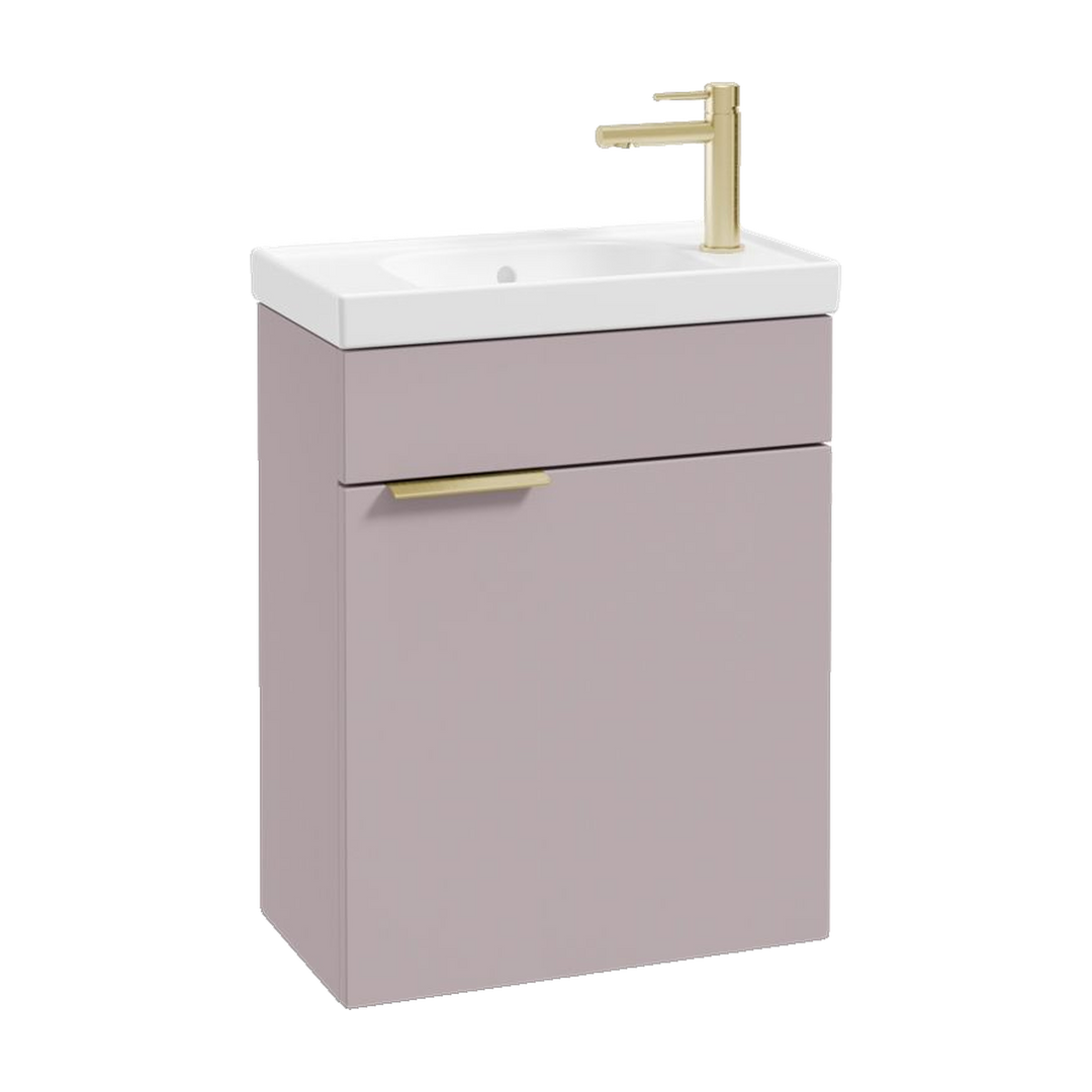 SONAS Stockholm 50cm wall hung cloakroom vanity unit in Matt Cashmere Pink with brushed gold handles