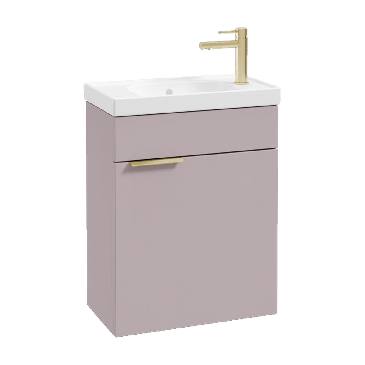 SONAS Stockholm 50cm wall hung cloakroom vanity unit in Matt Cashmere Pink with brushed gold handles