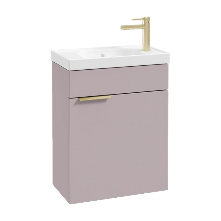 SONAS Stockholm 50cm wall hung cloakroom vanity unit in Matt Cashmere Pink with brushed gold handles