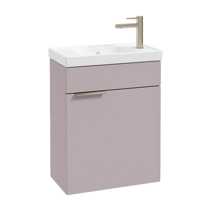 SONAS Stockholm 50cm wall hung cloakroom vanity unit in Matt Cashmere Pink with brushed nickel handles