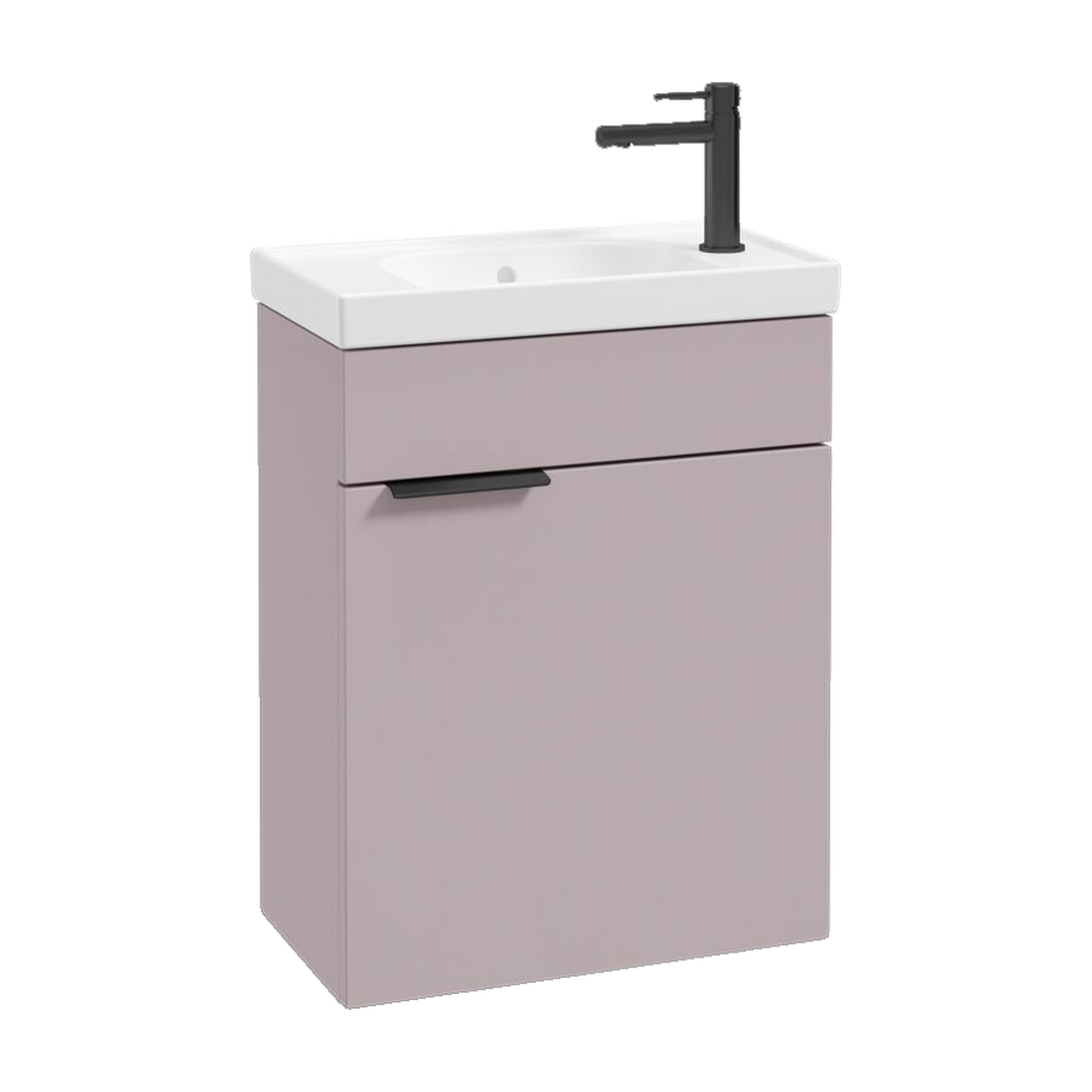 SONAS Stockholm 50cm wall hung cloakroom vanity unit in Matt Cashmere Pink with matt black handles
