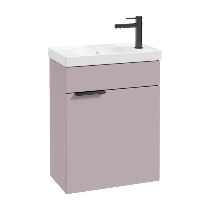 SONAS Stockholm 50cm wall hung cloakroom vanity unit in Matt Cashmere Pink with matt black handles