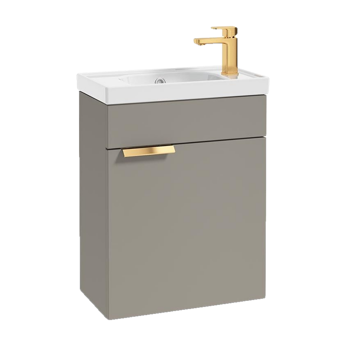 SONAS Stockholm 50cm wall hung cloakroom vanity unit in Matt Khaki with brushed gold handles