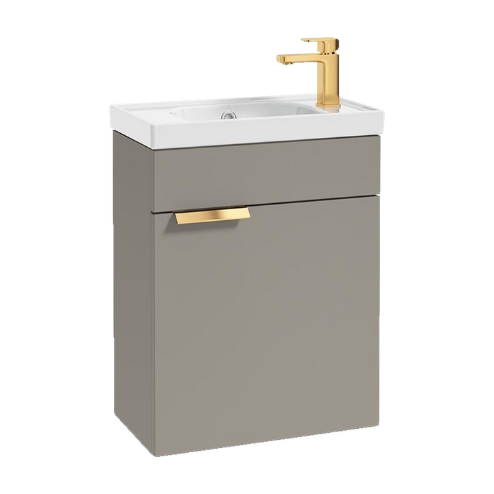 SONAS Stockholm 50cm wall hung cloakroom vanity unit in Matt Khaki with brushed gold handles