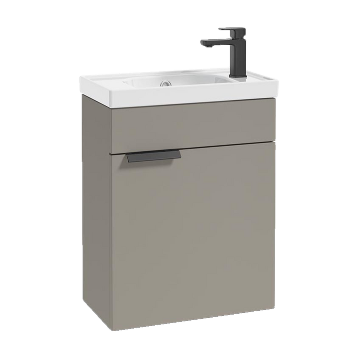 SONAS Stockholm 50cm wall hung cloakroom vanity unit in Matt Khaki with matt black handles