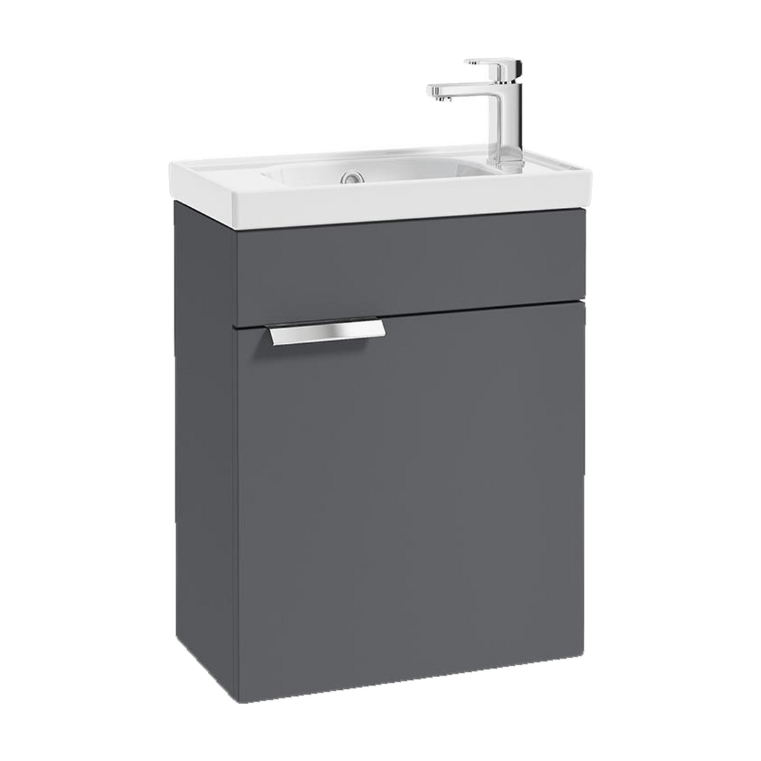SONAS Stockholm 50cm wall hung cloakroom vanity unit in Matt Midnight Grey with brushed chrome handles