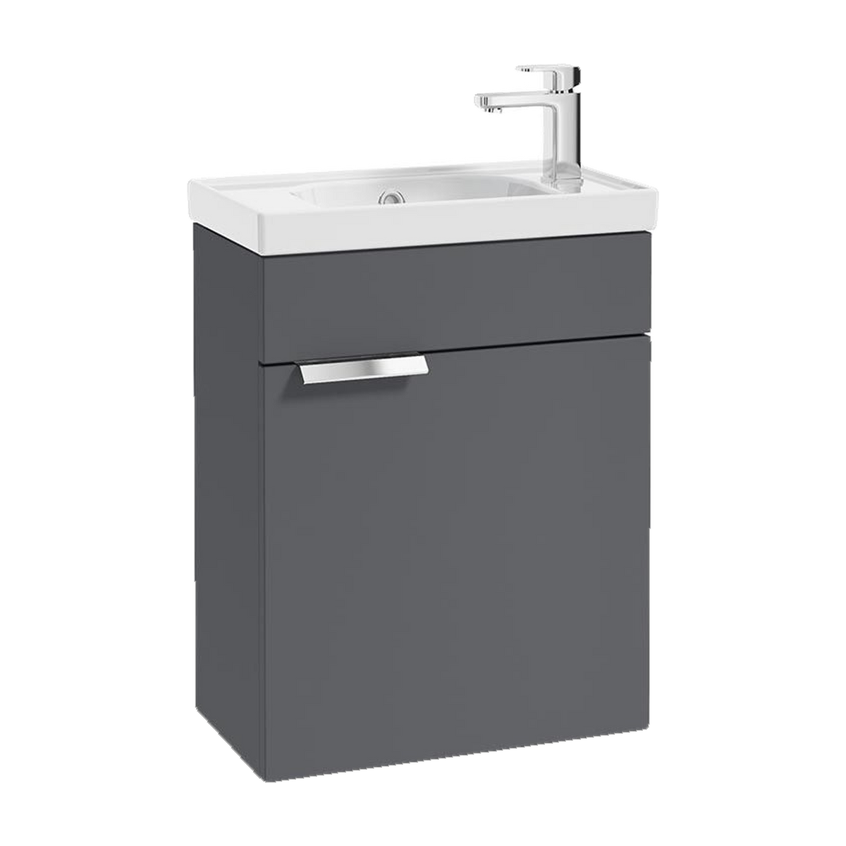 SONAS Stockholm 50cm wall hung cloakroom vanity unit in Matt Midnight Grey with brushed chrome handles