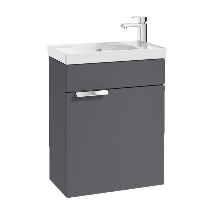 SONAS Stockholm 50cm wall hung cloakroom vanity unit in Matt Midnight Grey with brushed chrome handles