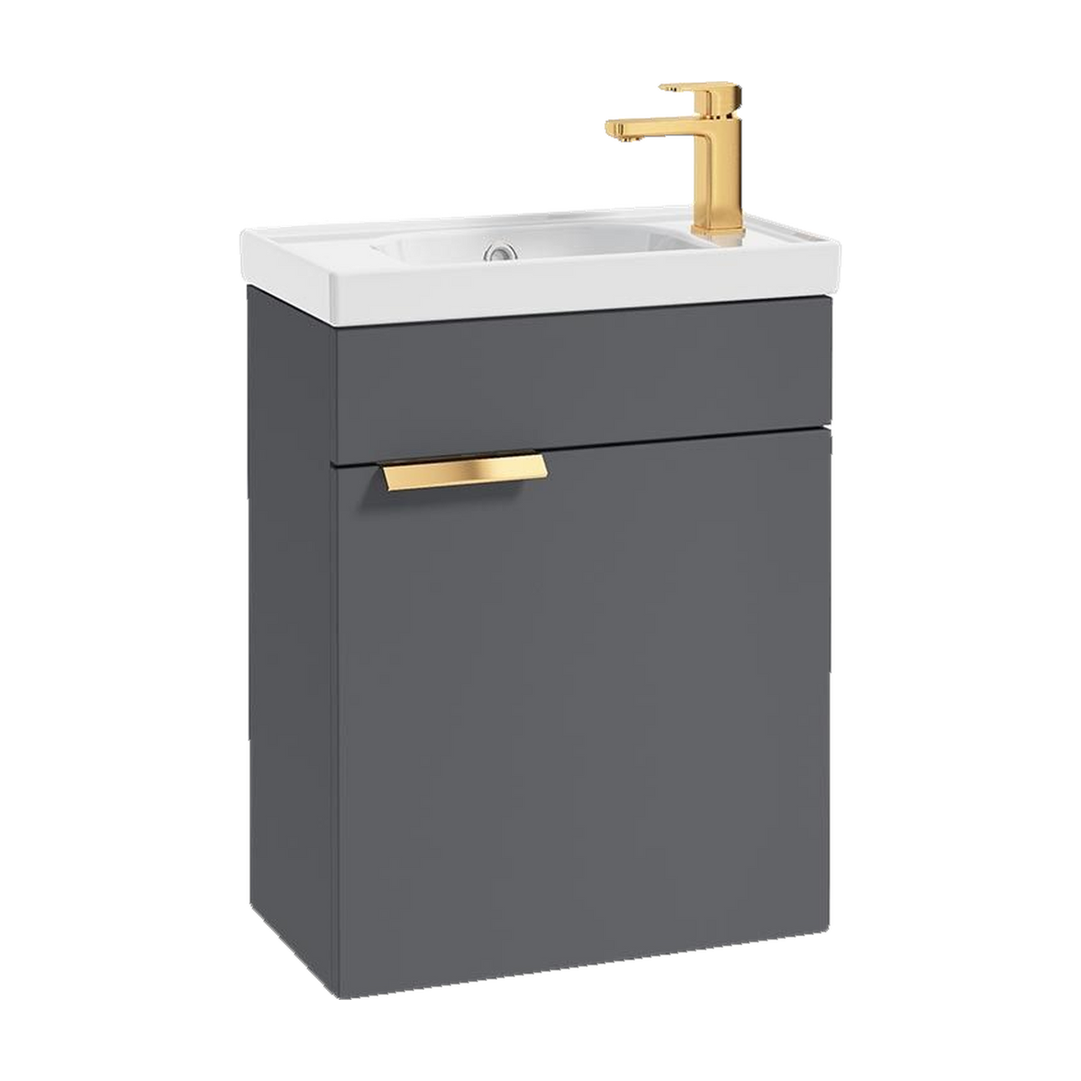 SONAS Stockholm 50cm wall hung cloakroom vanity unit in Matt Midnight Grey with brushed gold handles