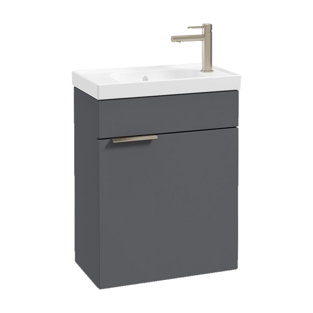 SONAS Stockholm 50cm wall hung cloakroom vanity unit in Matt Midnight Grey with brushed nickel handles