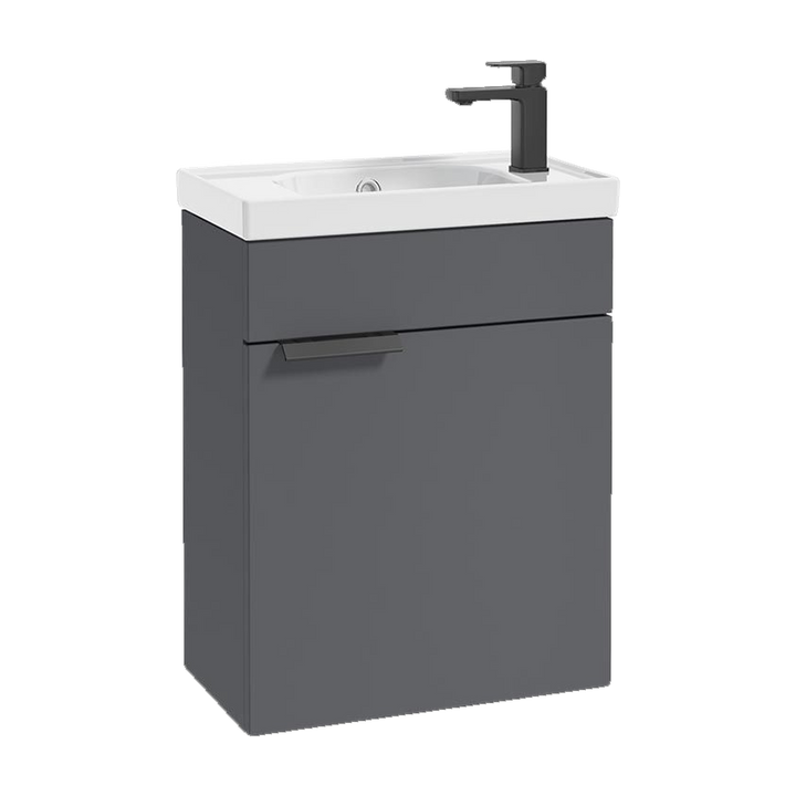 SONAS Stockholm 50cm wall hung cloakroom vanity unit in Matt Midnight Grey with matt black handles