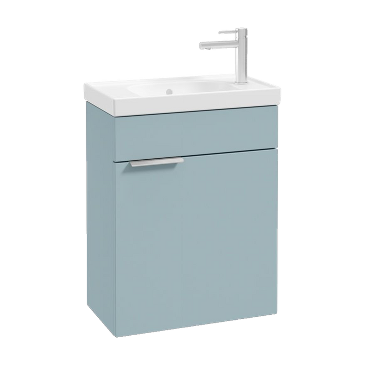 SONAS Stockholm 50cm wall hung cloakroom vanity unit in Matt Morning Sky Blue with brushed chrome handles