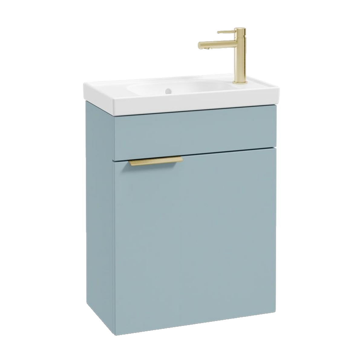 SONAS Stockholm 50cm wall hung cloakroom vanity unit in Matt Morning Sky Blue with brushed gold handles