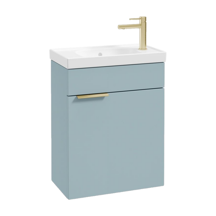 SONAS Stockholm 50cm wall hung cloakroom vanity unit in Matt Morning Sky Blue with brushed gold handles