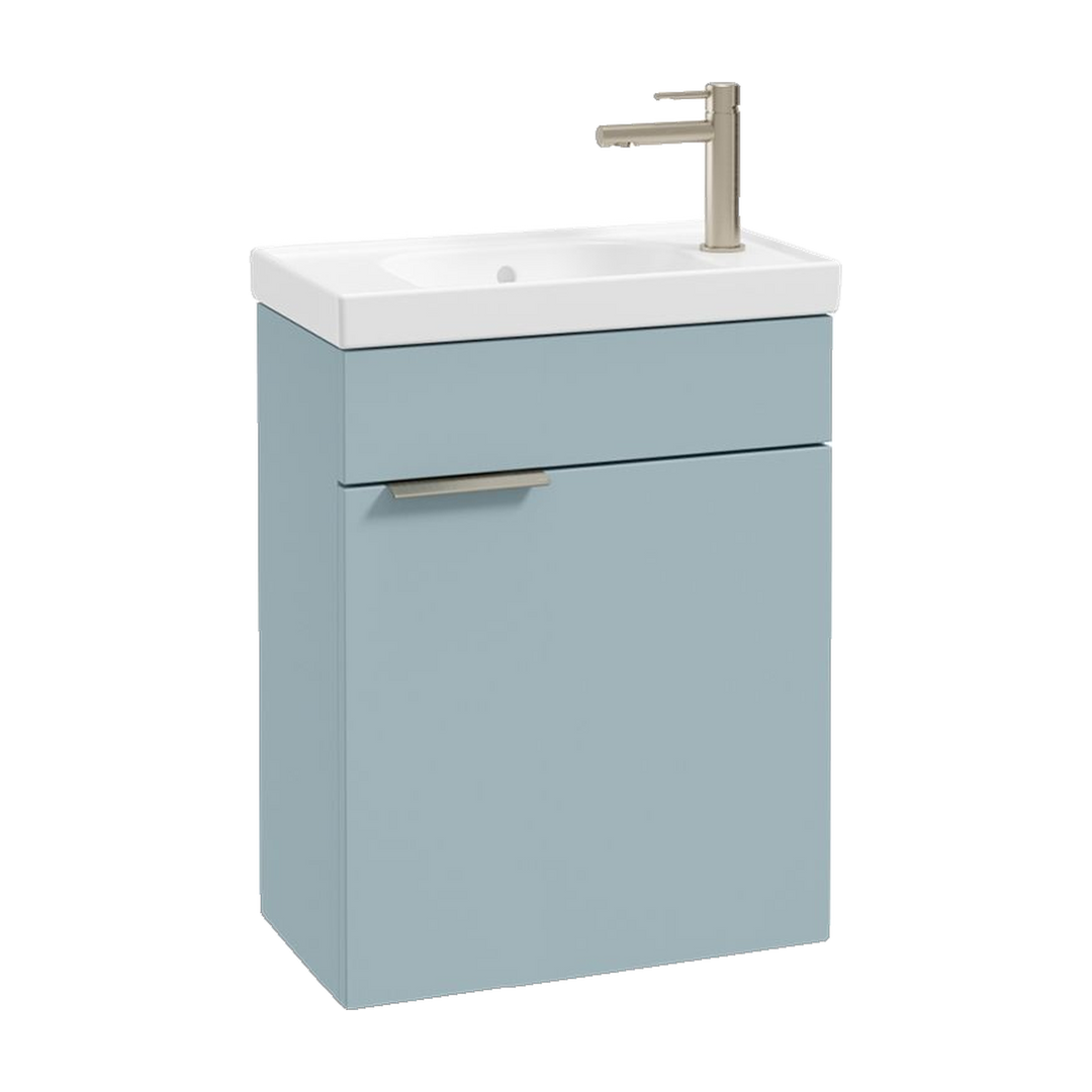 SONAS Stockholm 50cm wall hung cloakroom vanity unit in Matt Morning Sky Blue with brushed nickel handles