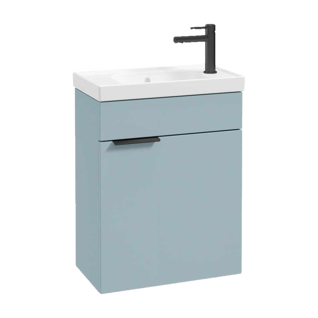 SONAS Stockholm 50cm wall hung cloakroom vanity unit in Matt Morning Sky Blue with matt black handles