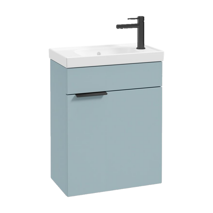 SONAS Stockholm 50cm wall hung cloakroom vanity unit in Matt Morning Sky Blue with matt black handles