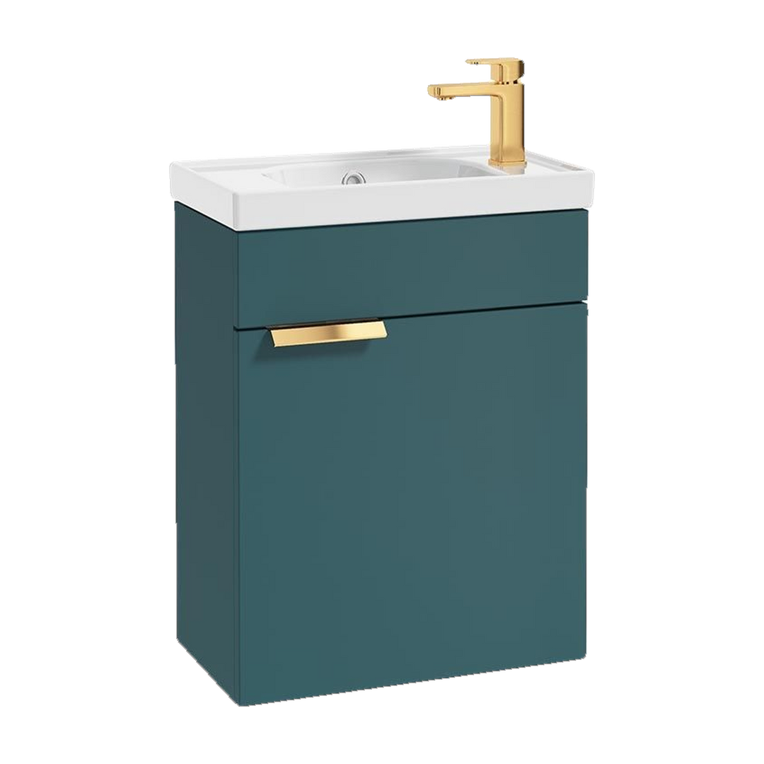 SONAS Stockholm 50cm wall hung cloakroom vanity unit in Matt Ocean Blue with brushed gold handles