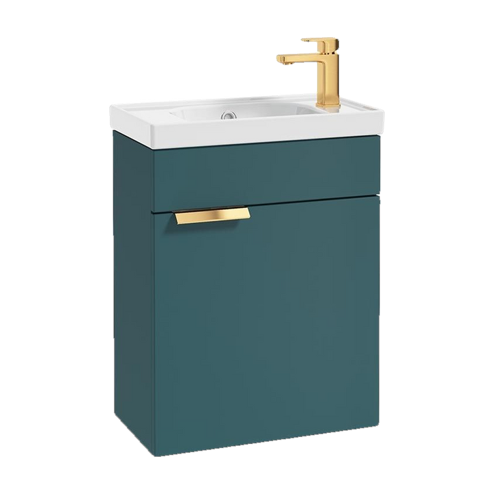 SONAS Stockholm 50cm wall hung cloakroom vanity unit in Matt Ocean Blue with brushed gold handles
