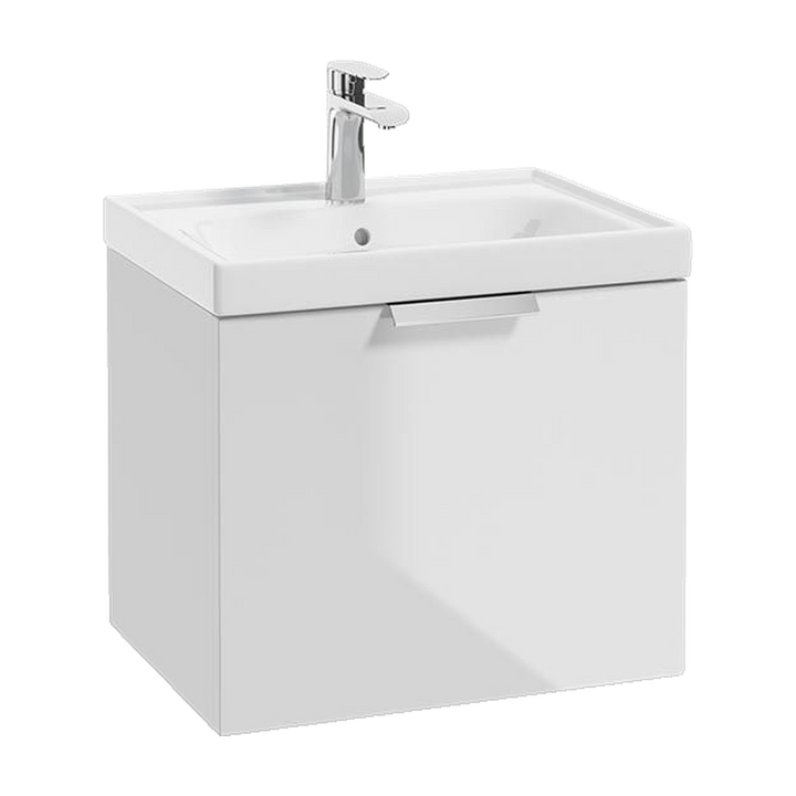 SONAS Stockholm 50cm wall hung single drawer vanity unit in Gloss White with brushed chrome handles