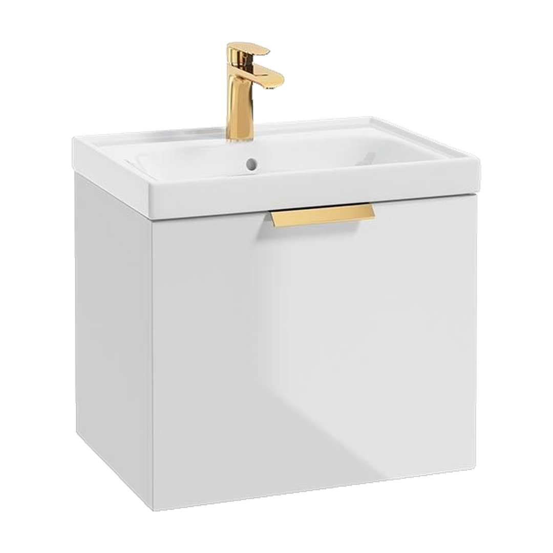 SONAS Stockholm 50cm wall hung single drawer vanity unit in Gloss White with brushed gold handles