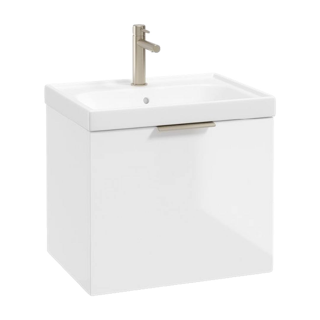 SONAS Stockholm 50cm wall hung single drawer vanity unit in Gloss White with brushed nickel handles